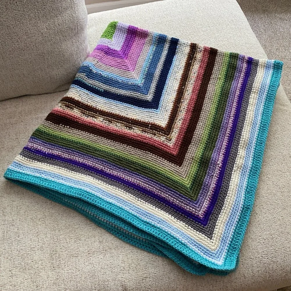 Handmade Crocheted Scrappy Multicolored Lap Blanket - 48